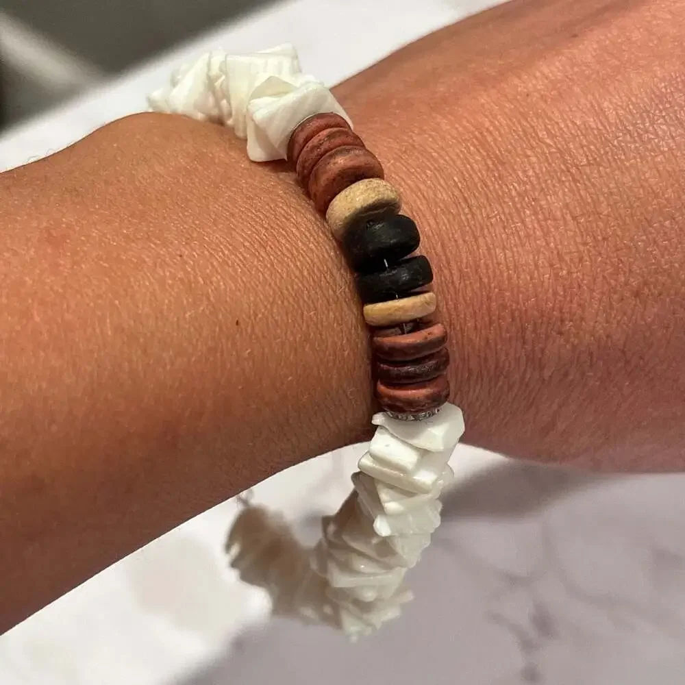 Handmade White Puka Shell Chip and Wood Bead Surfer Bracelet